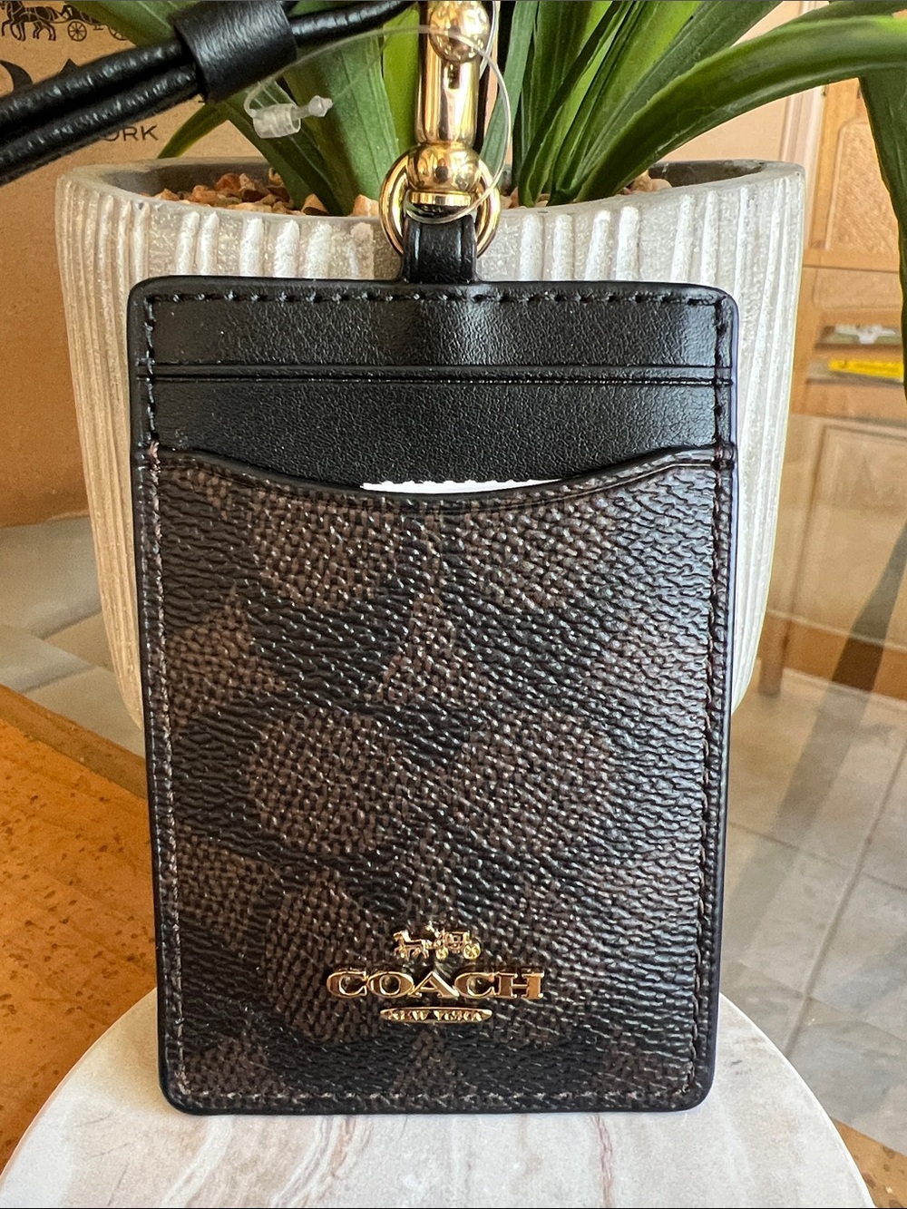 Coach Brown & Black Signature Card Holder with Gold-Tone Hardware